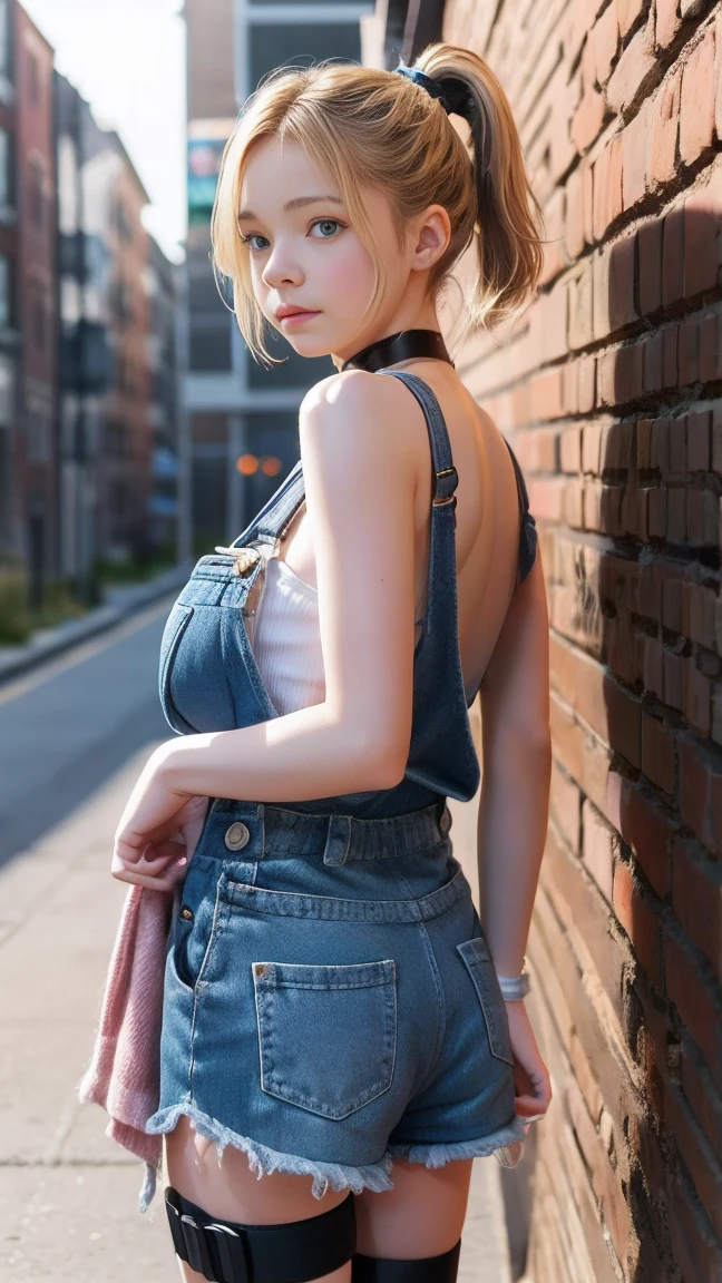 beautiful young woman in overalls jean ,push up bras ,upperbody, short pink-blond hair ,light bokeh effect, cute elegant pose, attractive pose, gorgeous face and figure, light soft, medium long body shot ,elegant pose ,beautiful belly breast, large breasts