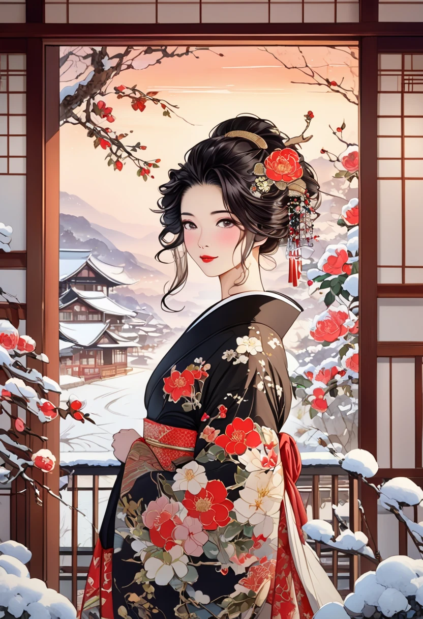  A fusion of ink painting and watercolor painting、A woman with a beautiful oriental face、shiny bright brown-black hair、Camellia Inn、At dusk、white snow scenes、 best quality、masterpiece、