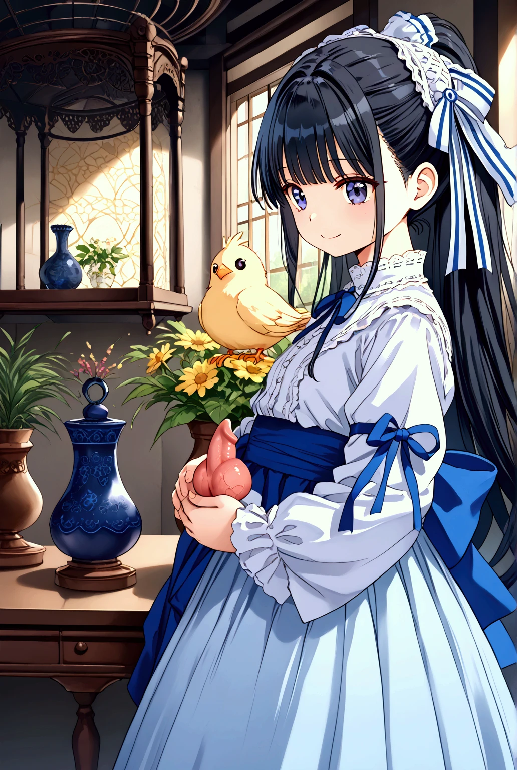 Masterpiece, Top Quality, high definition, very detailed, detailed background,(Fraulein Chrome, ( black hair, semi-long hair, blue ribbon ponytail),( white blouse, blue short ribbon knot , blue long skirt ), small, Neat, dark eyes,study, gentle smile), Scale Out , Chic study, vase
