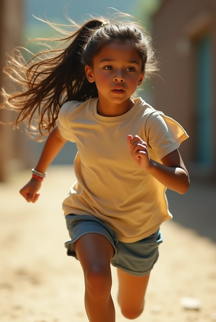 low angle photographic low speed shot on a girl in running to school in the morning light, focus on the girl, whirl dust trail behind, shot on FujiFilm XT4 camera f/2. ISO 200,blurry edges, super detailed, perfect face, side view, best quality, dust trail along