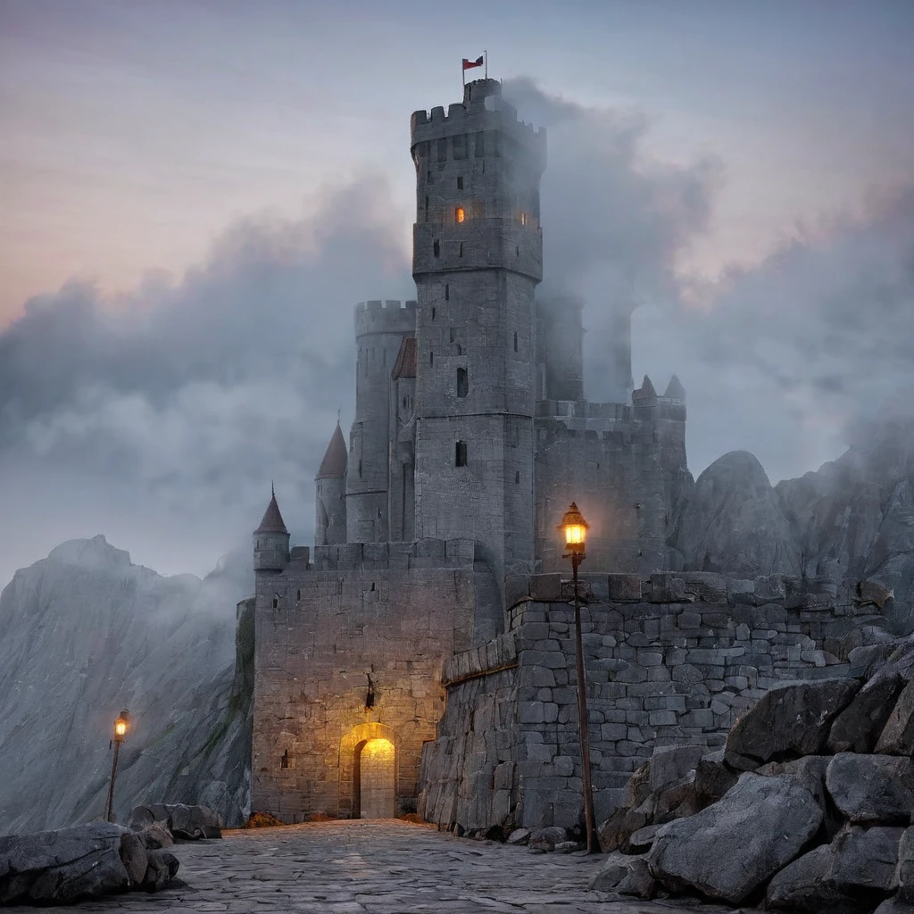  A tall gray stone fortress,  stands towering on the rocks , sunrise, fog, torch lights ,  high definition ,  high detail,  Ultra high definition, 