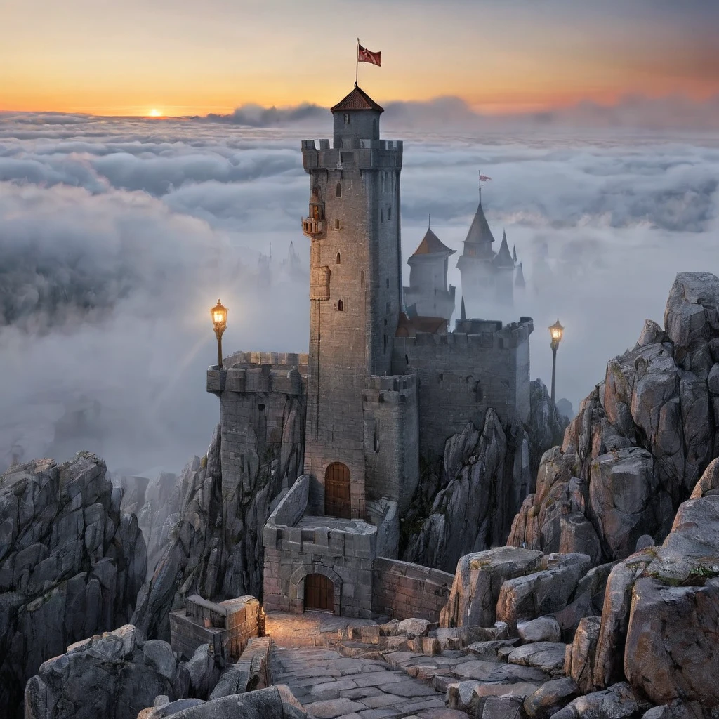  A tall gray stone fortress,  stands towering on the rocks , sunrise, fog, torch lights ,  high definition ,  high detail,  Ultra high definition, 