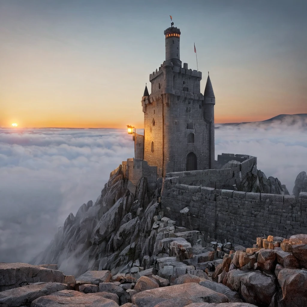  A tall gray stone fortress,  stands towering on the rocks , sunrise, fog, torch lights ,  high definition ,  high detail,  Ultra high definition, 