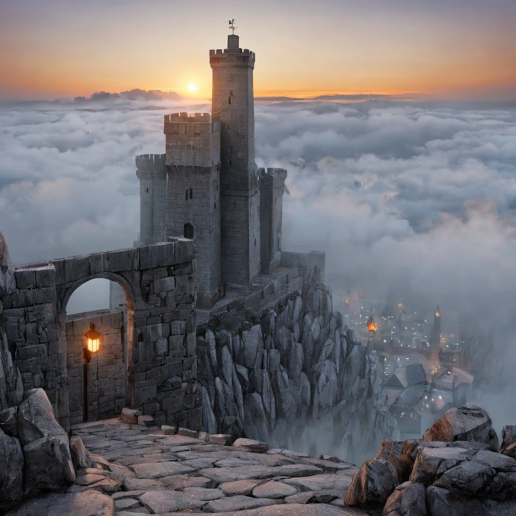  A tall gray stone fortress,  stands towering on the rocks , sunrise, fog, torch lights ,  high definition ,  high detail,  Ultra high definition, 