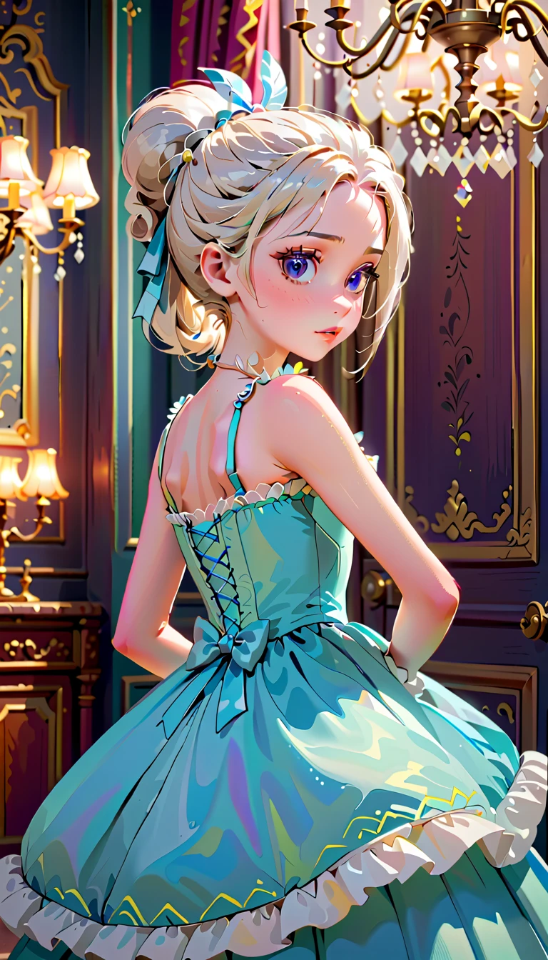 Petite girl, skinny, a little embarrassed, gorgeous and showy dress like Marie Antoinette, arms behind back, fidgeting, blurred background, chandelier hall