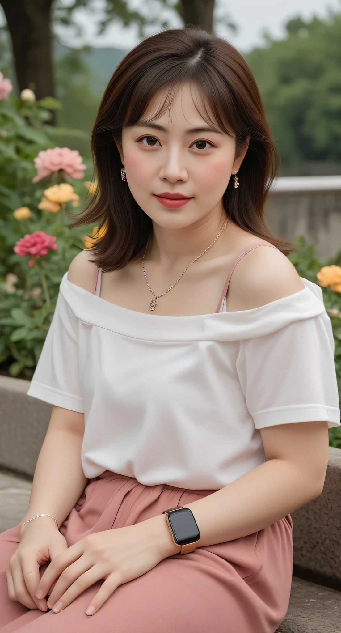 (Masterpiece: 1.2, Best Quality), Realistic, (Realistic Picture, Complex Details, Depth of Field), Best Quality, Masterpiece, Highly Detailed, Realistic, 1 Girl, Mature Female, 35 Years Old, highlight brown Hair, Shoulder length Hair with two-parted bangs, sitting outside a flower garde, sitting on chair, wearing t-shirt under tank top, chest out, big chest, huge breasts, thin lips, full body photo view, looking at the camera, diamond necklace, earrings, apple watch, gold bracelet, naughty smile