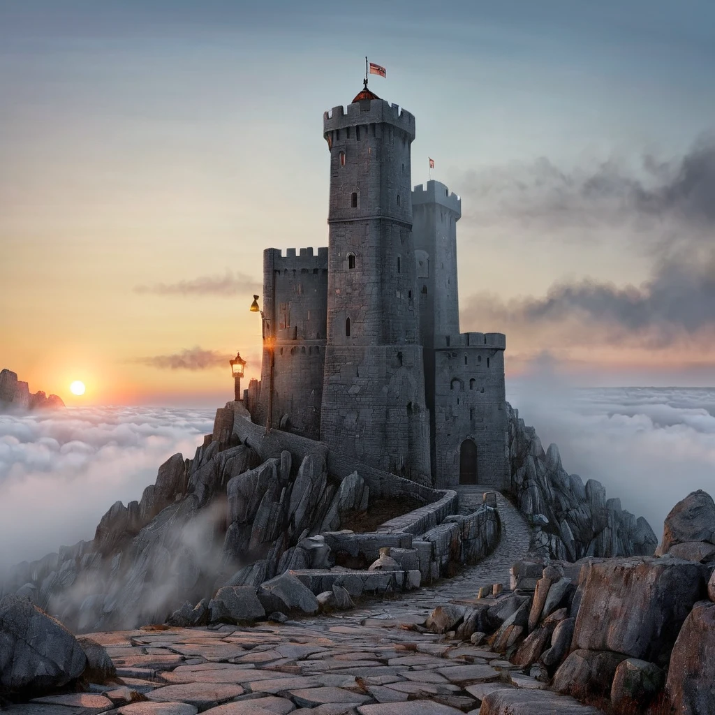  A tall gray stone fortress,  stands towering on the rocks , sunrise, fog, torch lights ,  high definition ,  high detail,  Ultra high definition, 