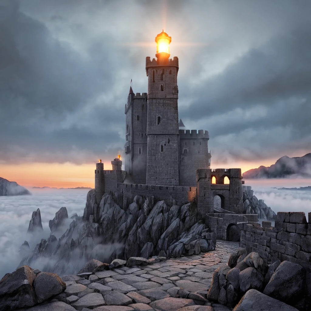  A tall gray stone fortress,  stands towering on the rocks , sunrise, fog, torch lights ,  high definition ,  high detail,  Ultra high definition, 