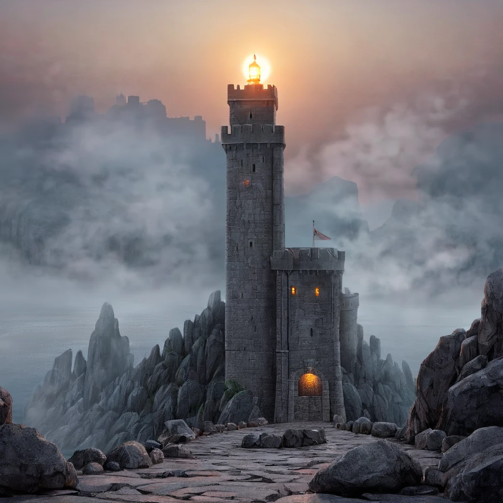  A tall gray stone fortress,  stands towering on the rocks , sunrise, fog, torch lights ,  high definition ,  high detail,  Ultra high definition, 