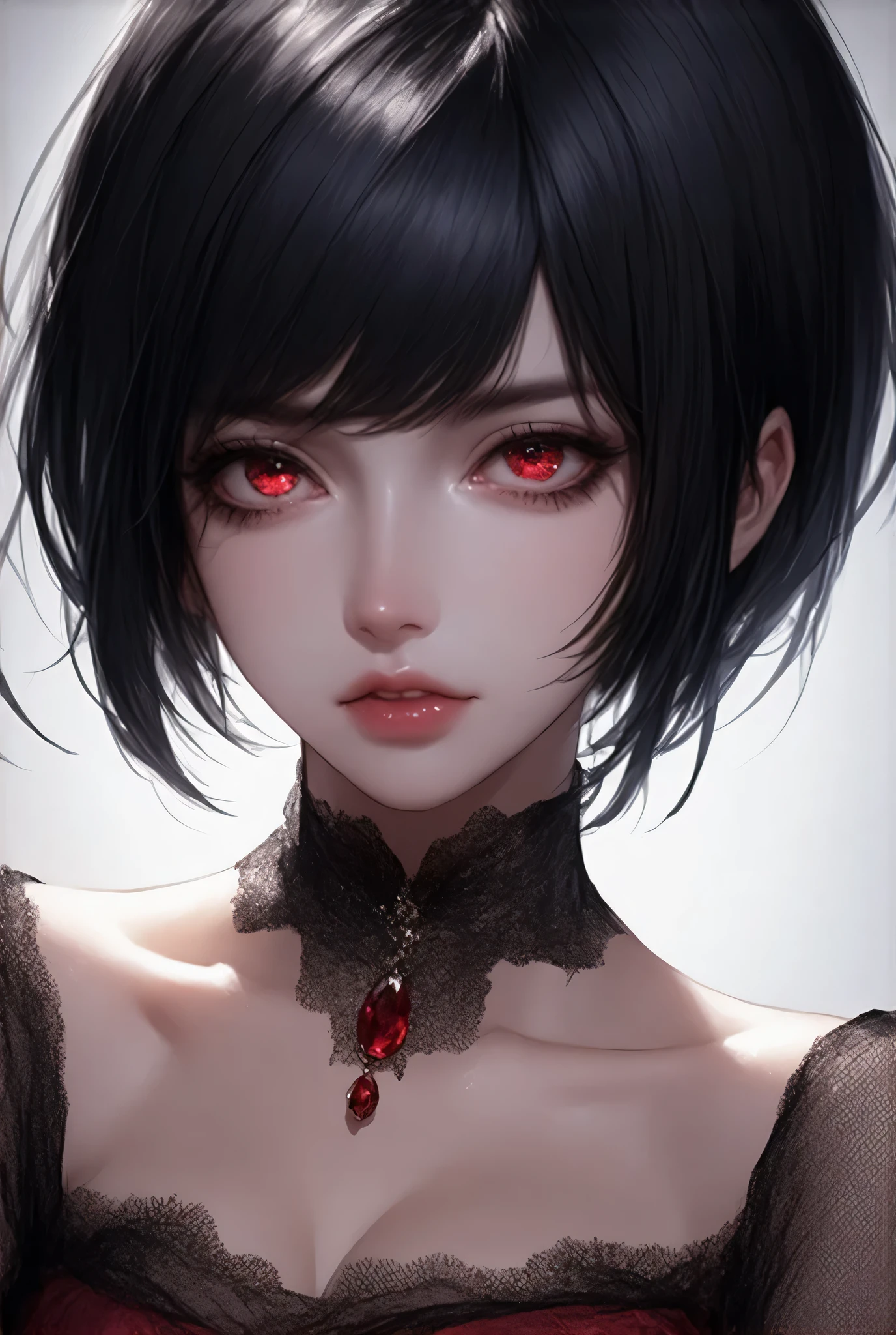 Create a high-resolution illustration of a captivating female character with striking features. She has short, sleek black hair and intense red eyes that glow ominously. Her expression is bold and confident, with a hint of mystery. She wears an elaborate red dress that features intricate lace details, highlighting her figure without being overly revealing. Around her neck is a vintage-style necklace adorned with a deep red jewel, adding an element of elegance and intrigue. The background is dark and atmospheric, enhancing the dramatic effect of the character. The lighting should be soft, emphasizing her facial features and the shimmering details of her attire. The overall mood conveys a mix of allure and enigma, making the viewer curious about her story.