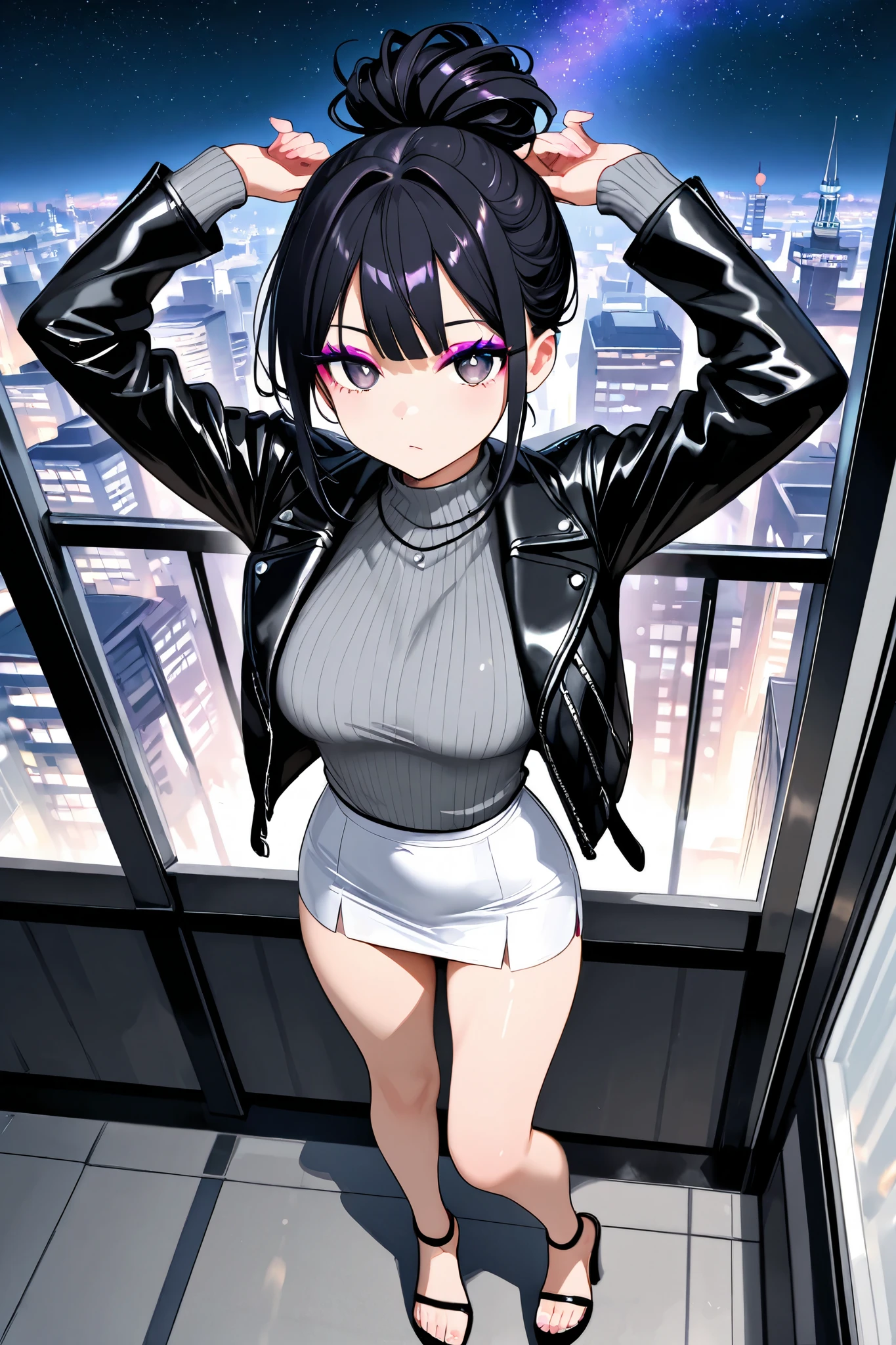 A woman tries to escape by jumping out of a window with city lights at night in the background。Black Hair。Black clothes。Ultra mini skirt in leather。Wide-angle angle。