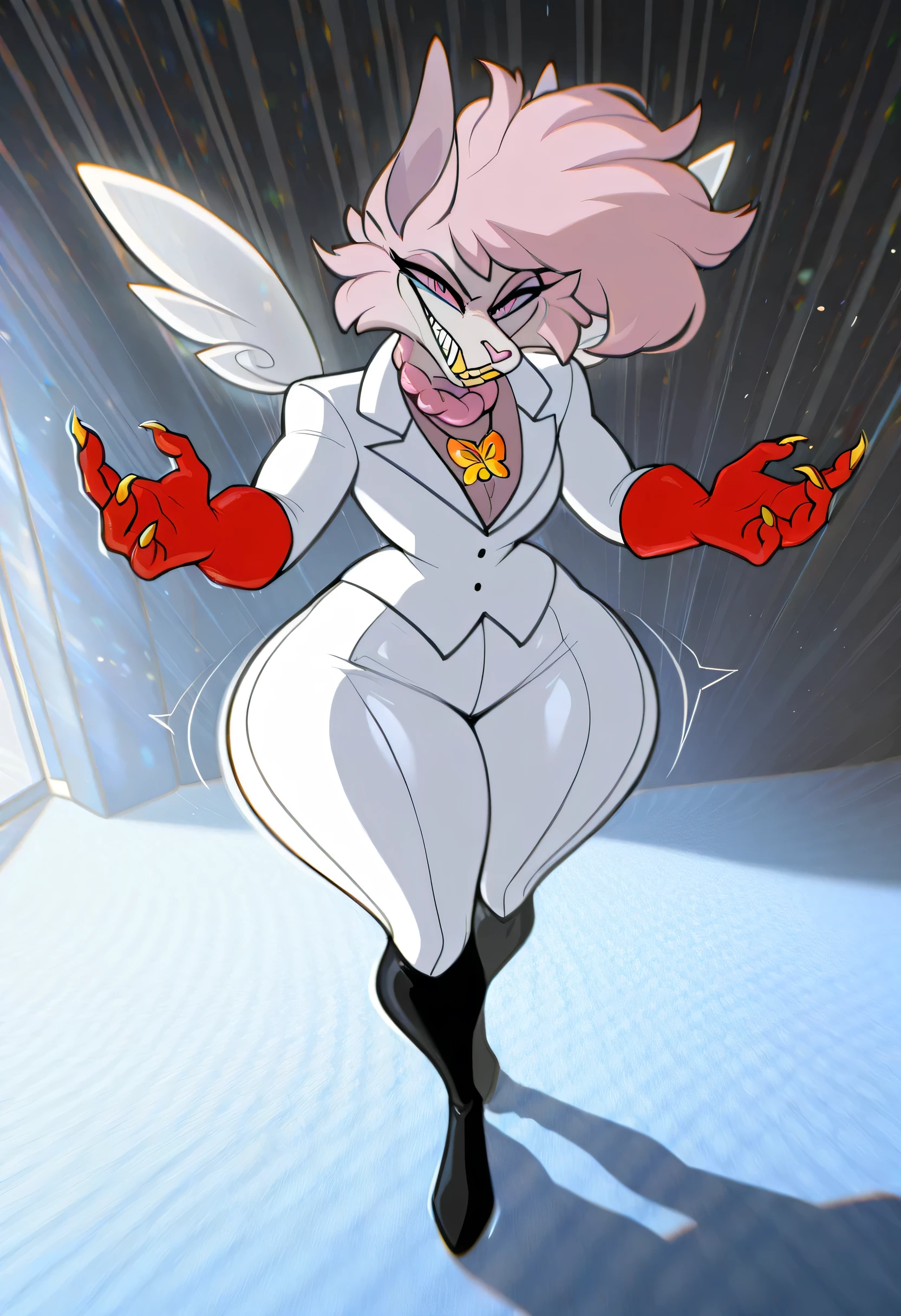 ( top quality,  masterpiece fails:1),  fluffy,  woman ,  1girl, antro, Angel dust, 4 arms , white fabrics  , thigh boots,  golden tooth ,  huge crest on the chest, necklace, butterfly, , red gloves, smirk,  sharp teeth hourglass figure,  thick hips , bubble butt,  wide hips, *,  trousers , full, body,  butler fabrics ,  noble fabrics ,mixing, reflected light,   ray tracing  ,  backlight , blossom, mixing, shadow, film,  image filling , Fujicolor, Semitone,  lines of motion ,  optical illusion , anaglyph, stereogram, speed lines, Vignetting,  scan lines , contract, retina,  masterpiece fails, Accurate,  anatomically correct ,  Textured leather, super detail,  high detail ,  ð²ññððºððð≈ðºð°Ñðµññð²ð¾ ,  award-winning ,  top quality,  high definition , boots, link sheet ,  standing device, full body, barges,  trousers 