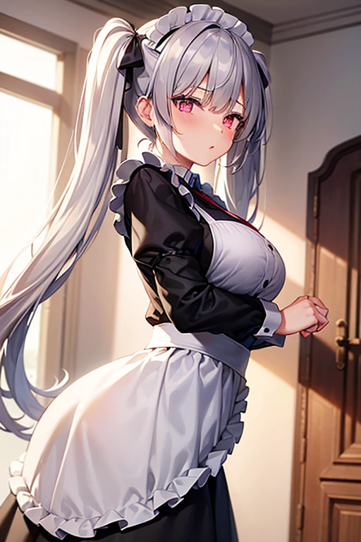 (Original Character、Unity 16K Wallpaper, Masterpiece, Best Quality, Ultra-Detailed, Extremely Detailed CG, Caustics, Cinematic Lighting, Detailed, Beautiful Detailed Eyes, solo,sexy women), Ultra High Resolution, fine skin, (maid, maid apron, maid headdress,black maid skirt), (strong light)、oily skin,curby:1.2,Huge gigantic breasts:1.2,sity,smile,from side,sitting、spread legs,gray hair