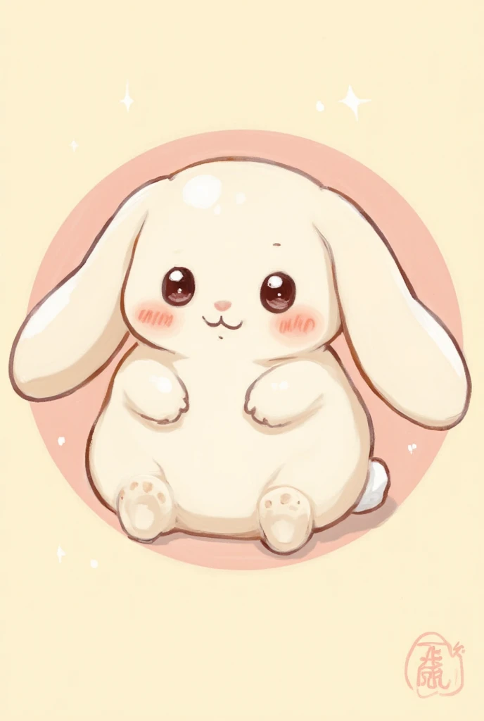 He is a cute and soft anime-style rabbit character with long ears, red cheeks, a calm and kind face, large, curly eyes, and no human features, and an appearance that looks like a combination of a rice cake and a rabbit. The rounded and soft whole body design incorporates the characteristics of mochi, such as small limbs and a slightly plump and elastic form. The design is a single image centered around a pastel colored background, making it suitable for use as an icon or brand image.