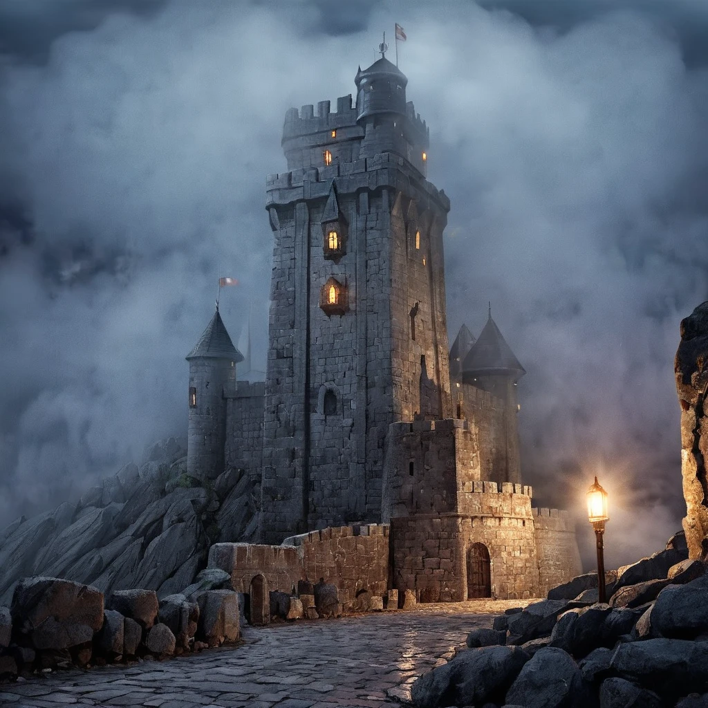  A tall gray stone fortress,  stands towering on the rocks ,  dark night, fog, torch lights ,  high definition ,  high detail,  Ultra high definition, 