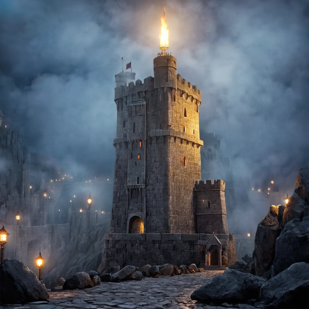  A tall gray stone fortress,  stands towering on the rocks ,  dark night, fog, torch lights ,  high definition ,  high detail,  Ultra high definition, 