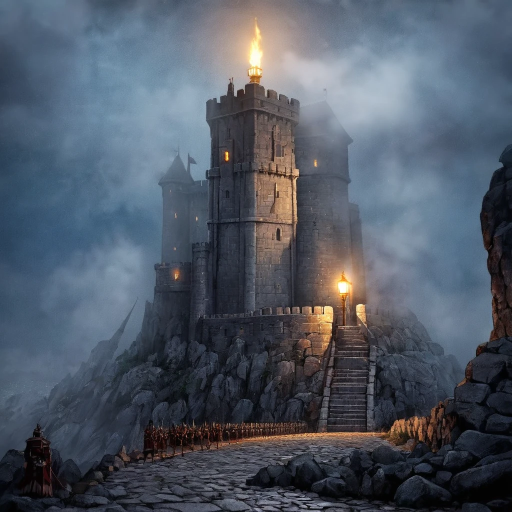  A tall gray stone fortress,  stands towering on the rocks ,  dark night, fog, torch lights ,  high definition ,  high detail,  Ultra high definition, 