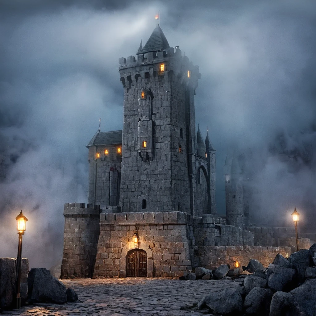  A tall gray stone fortress,  stands towering on the rocks ,  dark night, fog, torch lights ,  high definition ,  high detail,  Ultra high definition, 