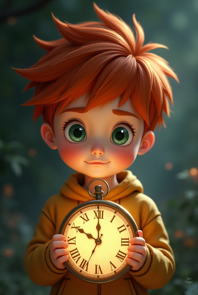 A with an ancient stopwatch, the character should be based on a character from league of legend named Milio. Dont make it too obvious that its made by ai