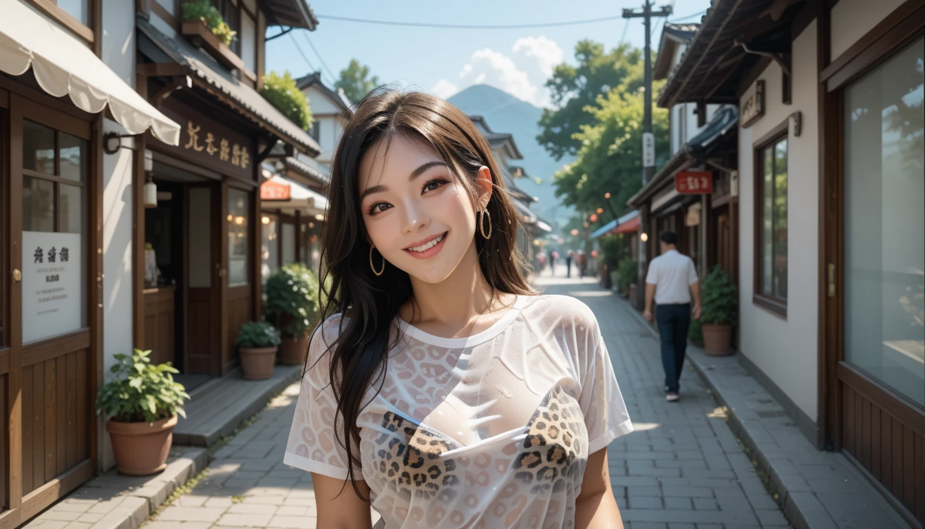 60 years old Japanese prostitute woman solo, erotic smile, seduce viewer, wet skin, oily skin, makeup like prostitute, wet lip, leopard pattern shirt, adult,