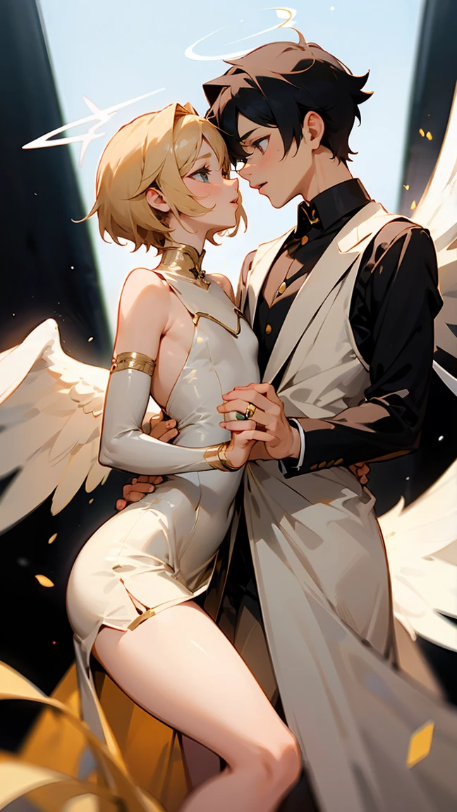 femboy，femboy，Boy，femboy， boy wearing a dress，Men dress up as women，Angel，Holy Ring ，Heaven， very short hair ，White，White，gold，Eye contact， A loving 