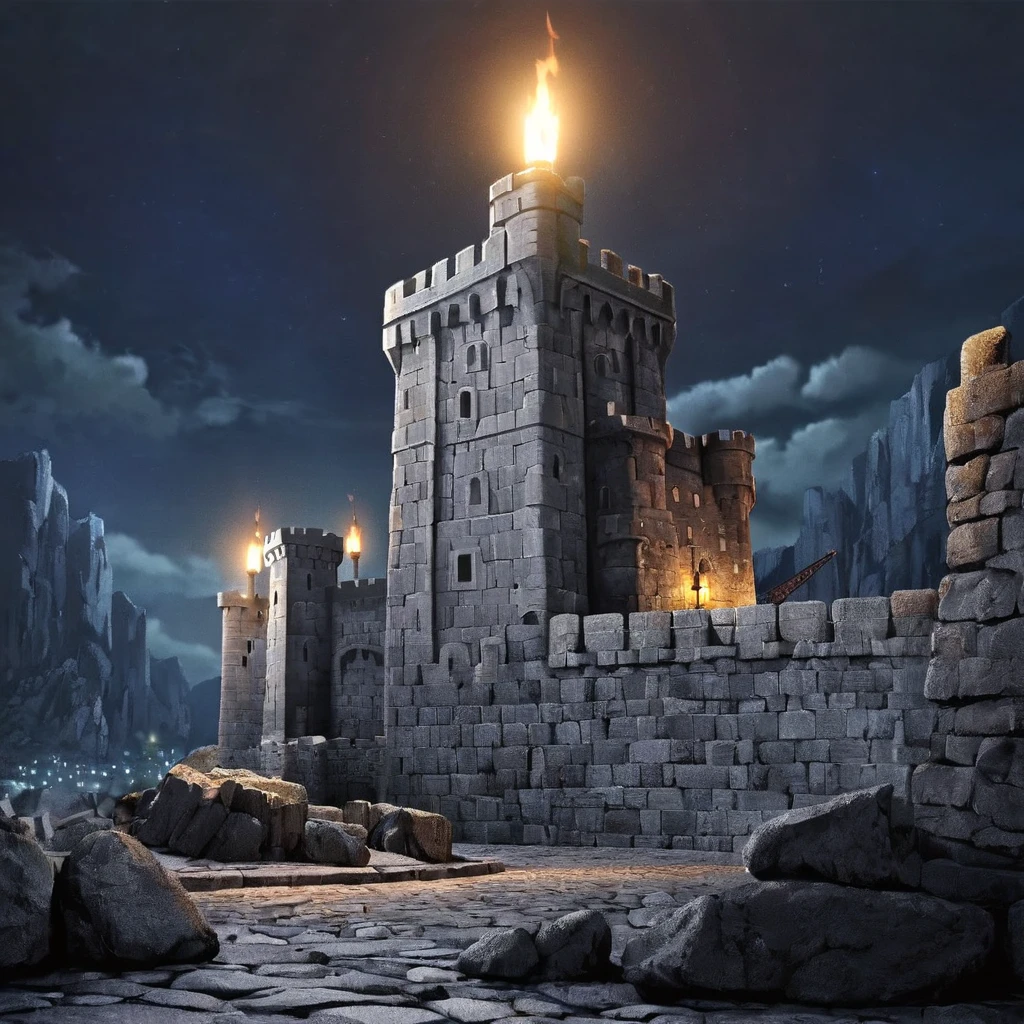  A tall gray stone fortress,  stands towering on the rocks ,  dark night, torch lights ,  high definition ,  high detail,  Ultra high definition, 