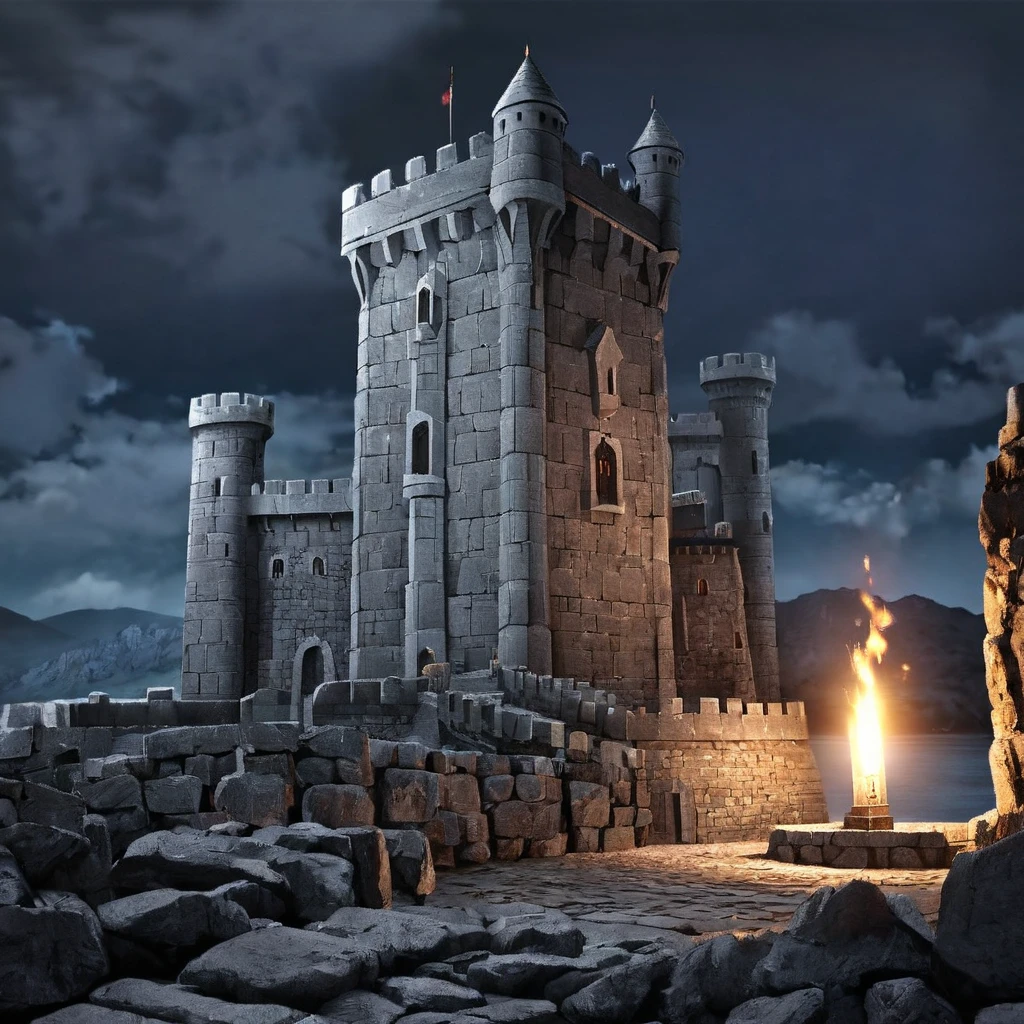  A tall gray stone fortress,  stands towering on the rocks ,  dark night, torch lights ,  high definition ,  high detail,  Ultra high definition, 