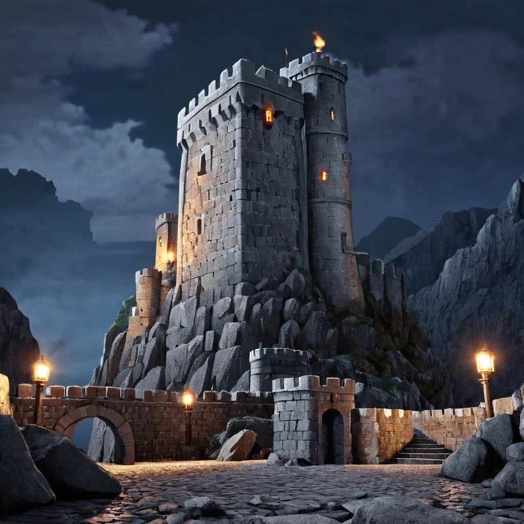  A tall gray stone fortress,  stands towering on the rocks ,  dark night, torch lights ,  high definition ,  high detail,  Ultra high definition, 