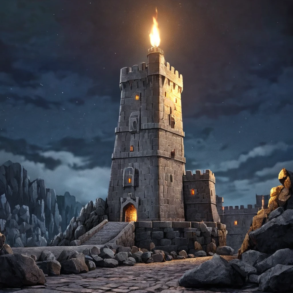  A tall gray stone fortress,  stands towering on the rocks ,  dark night, torch lights ,  high definition ,  high detail,  Ultra high definition, 