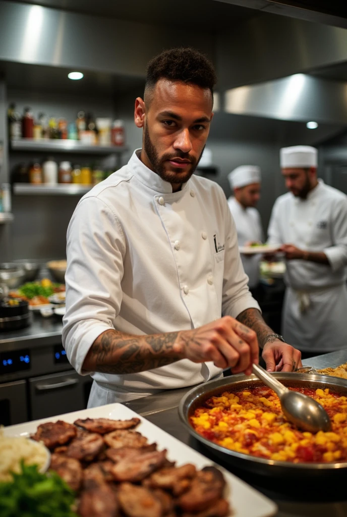 Neymar cooking at a restaurant