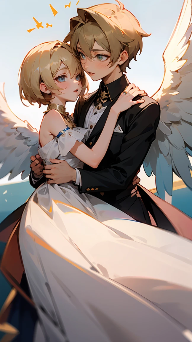 1boy ，femboy，femboy，Boy，femboy，Boys wearing dresses，Men dress up as women，Angel，Holy Ring ，Heaven， very short hair ，White，White，gold，Eye contact， A loving 