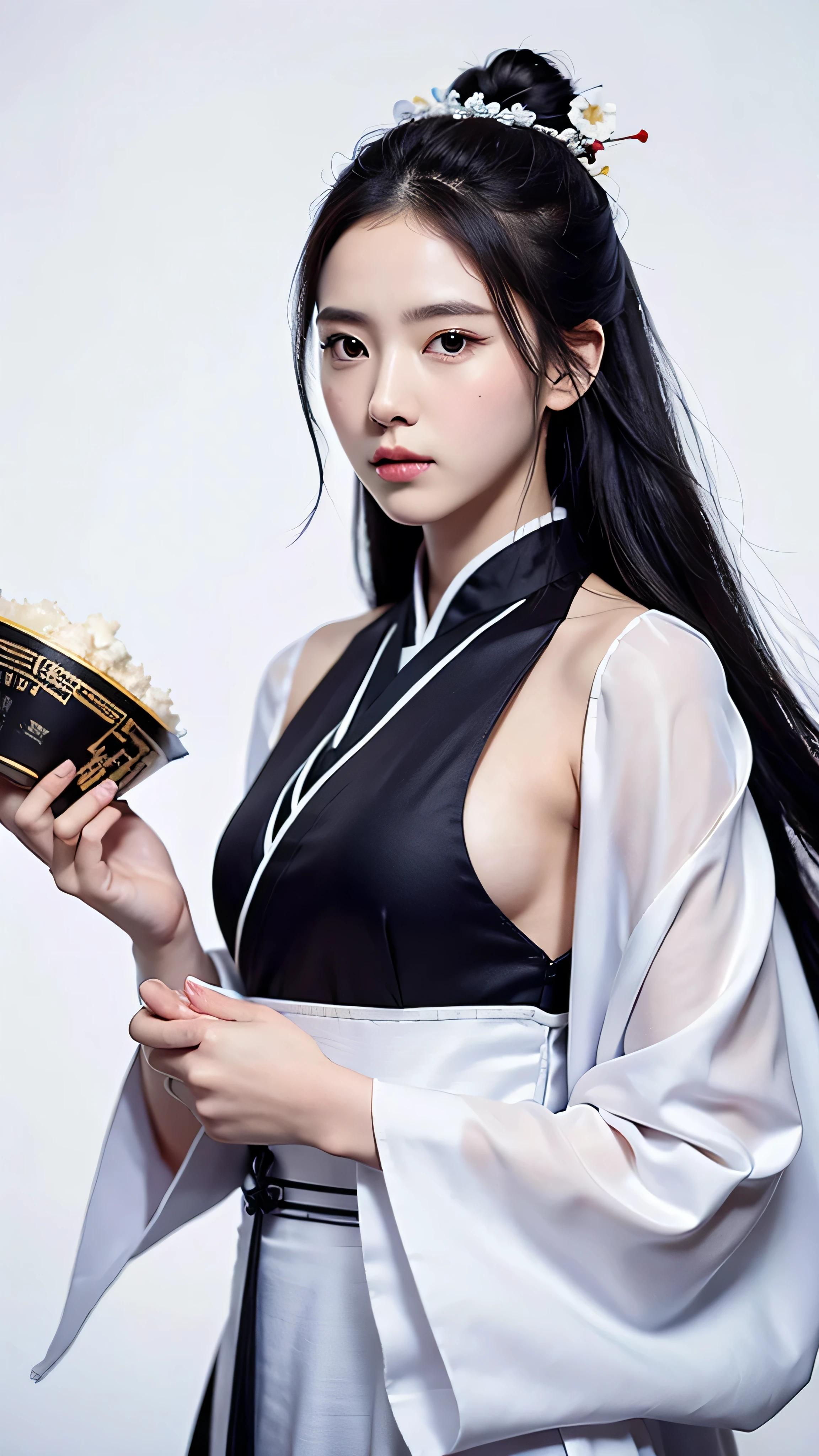  1 girl, woman,  handsome, ink, Chinese Armor, ((2.5D)),  black hair, Floating Hair,  Delicate Eyes, As a portrait shot of Hanfu , Fob, (1 1 1.8), (masterpiece), (  as a portrait shot),  front shot ,   white background , ( movie poster)