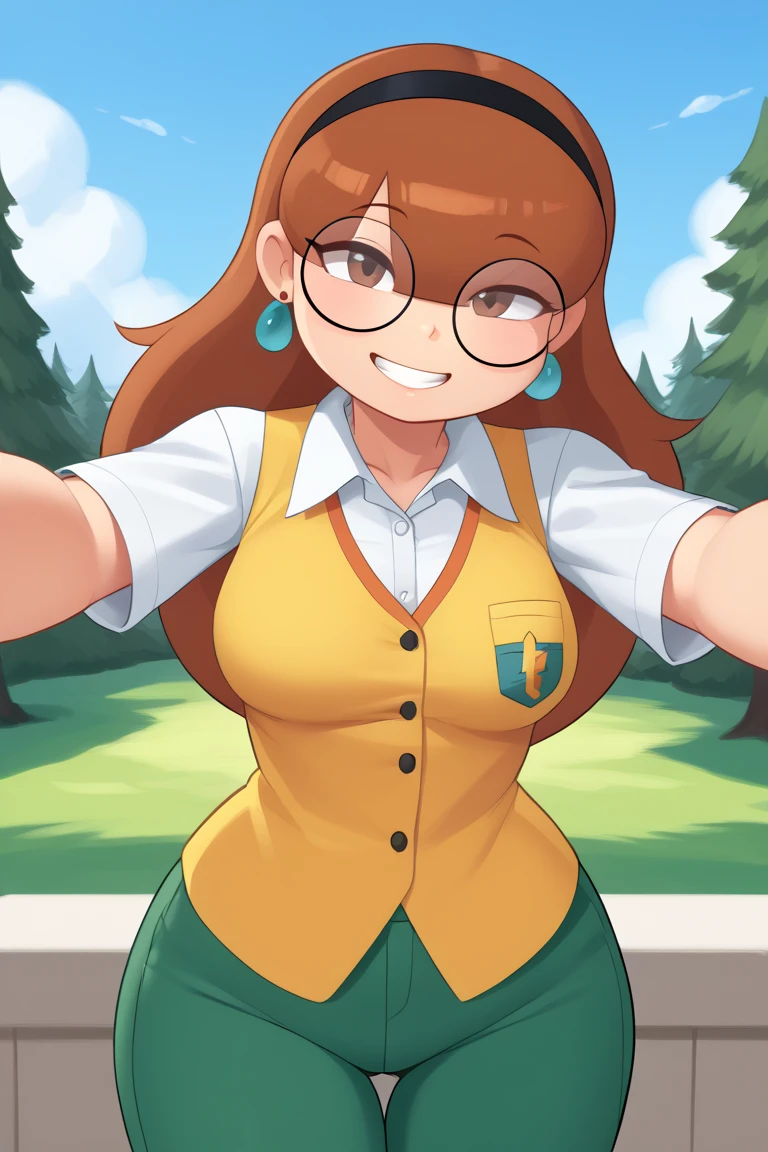 score_9, score_8_up, score_7_up, score_6_up, score_5_up, score_4_up, 1girl, solo, rating_explicit, source_cartoon, Emma_Donchibi_Style, red-brown hair, hair over eyes, blunt bangs,
black-framed eyewear, brown eyes, circular rim glasses, round eyewear, hair over one eye, long hair hairband, earrings, white shirt, collared shirt, yellow vest, short sleeves, green pants, perfectly round breasts, wide hips, 
beautiful, sexy, cute, medium breasts, looking at viewer, standing, outdoors, forest, blue sky, clouds, dynamic angle, smile, fca style, half body, eyebrows