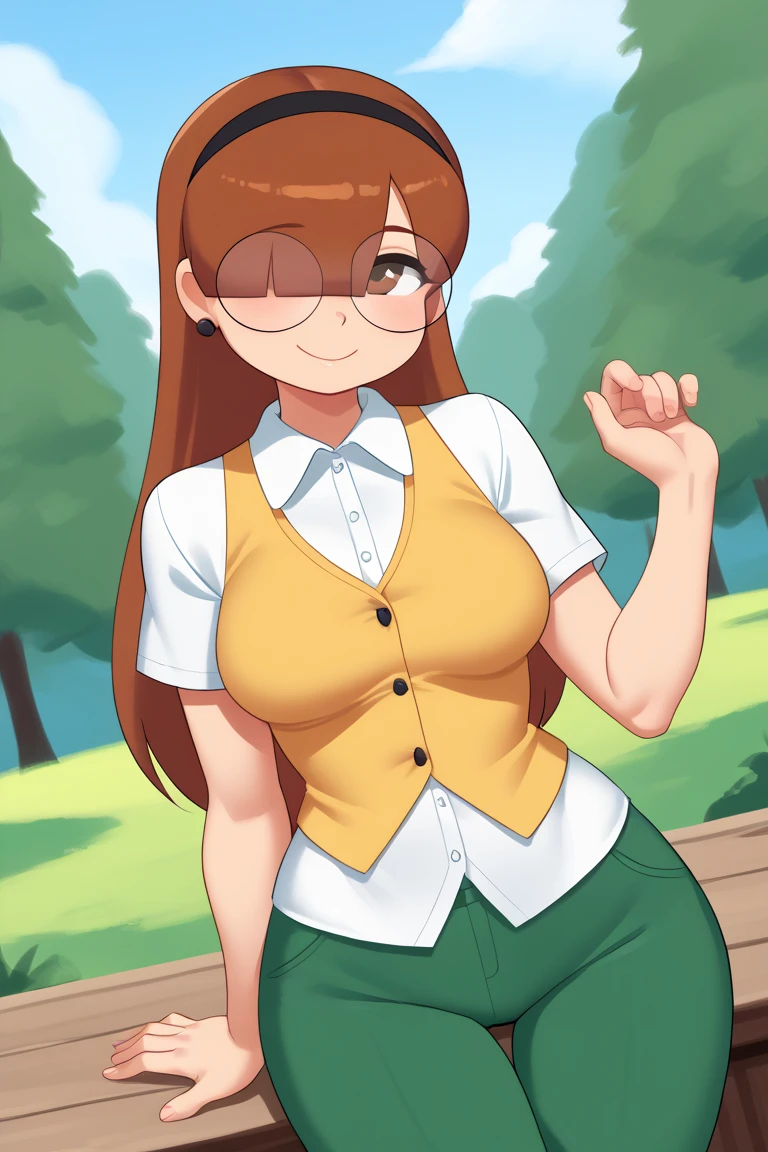 score_9, score_8_up, score_7_up, score_6_up, score_5_up, score_4_up, 1girl, solo, rating_explicit, source_cartoon, Emma_Donchibi_Style, red-brown hair, hair over eyes, blunt bangs,
black-framed eyewear, brown eyes, circular rim glasses, round eyewear, hair over one eye, long hair hairband, earrings, white shirt, collared shirt, yellow vest, short sleeves, green pants, perfectly round breasts, wide hips, 
beautiful, sexy, cute, medium breasts, looking at viewer, standing, outdoors, forest, blue sky, clouds, dynamic angle, smile, fca style, half body, eyebrows