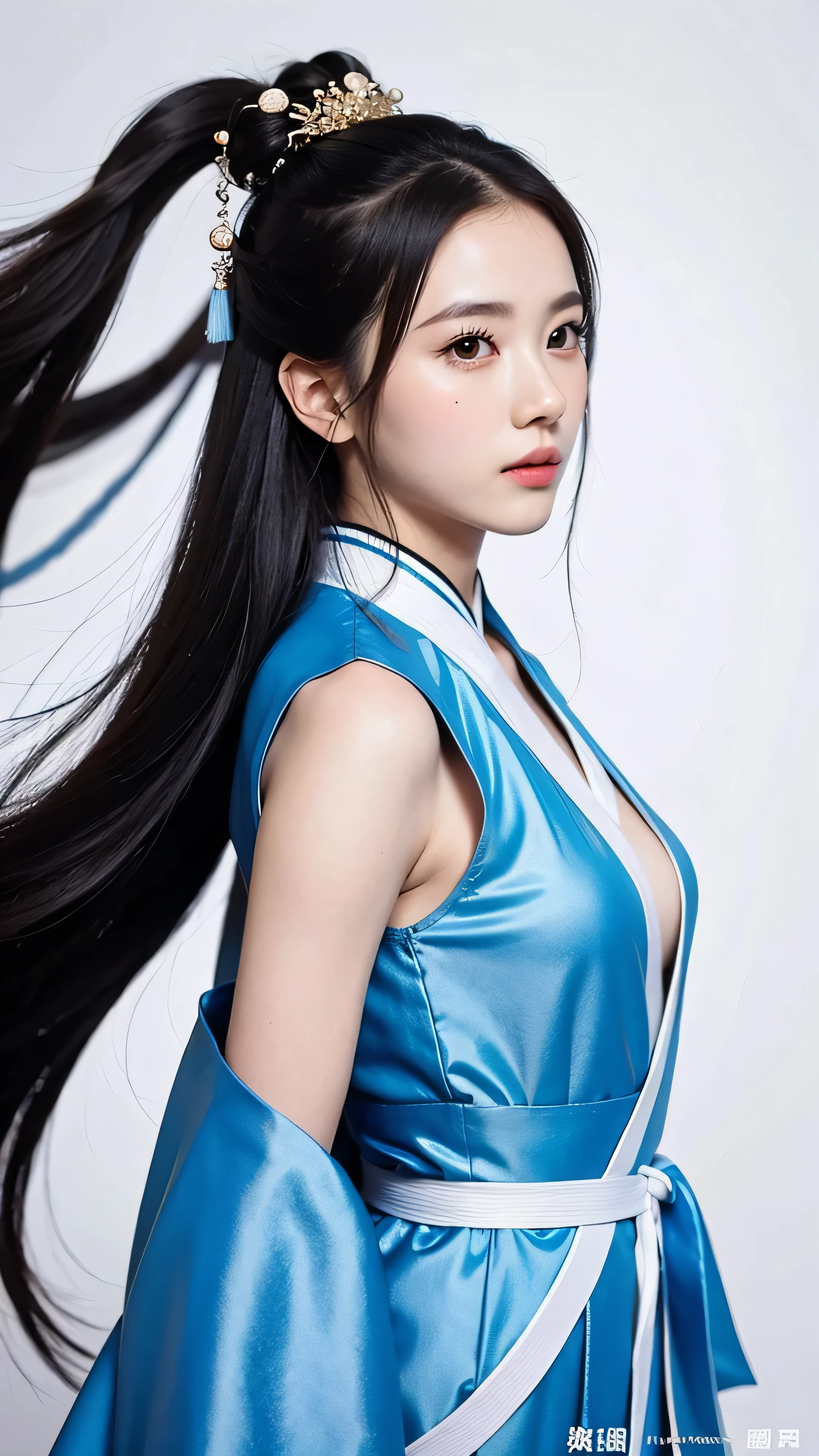  1 girl, woman,  handsome, ink, Chinese Armor, ((2.5D)),  black hair, Floating Hair,  Delicate Eyes, As a portrait shot of Hanfu , Fob, (1 1 1.8), (masterpiece), (  as a portrait shot),  front shot ,   white background , ( movie poster)