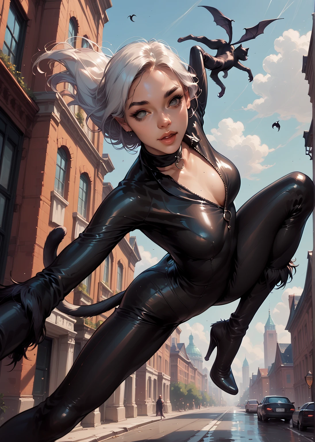 black cat, beautiful woman,  With black latex clothing ,Varieties of pose , leaping towards us amidst large buildings