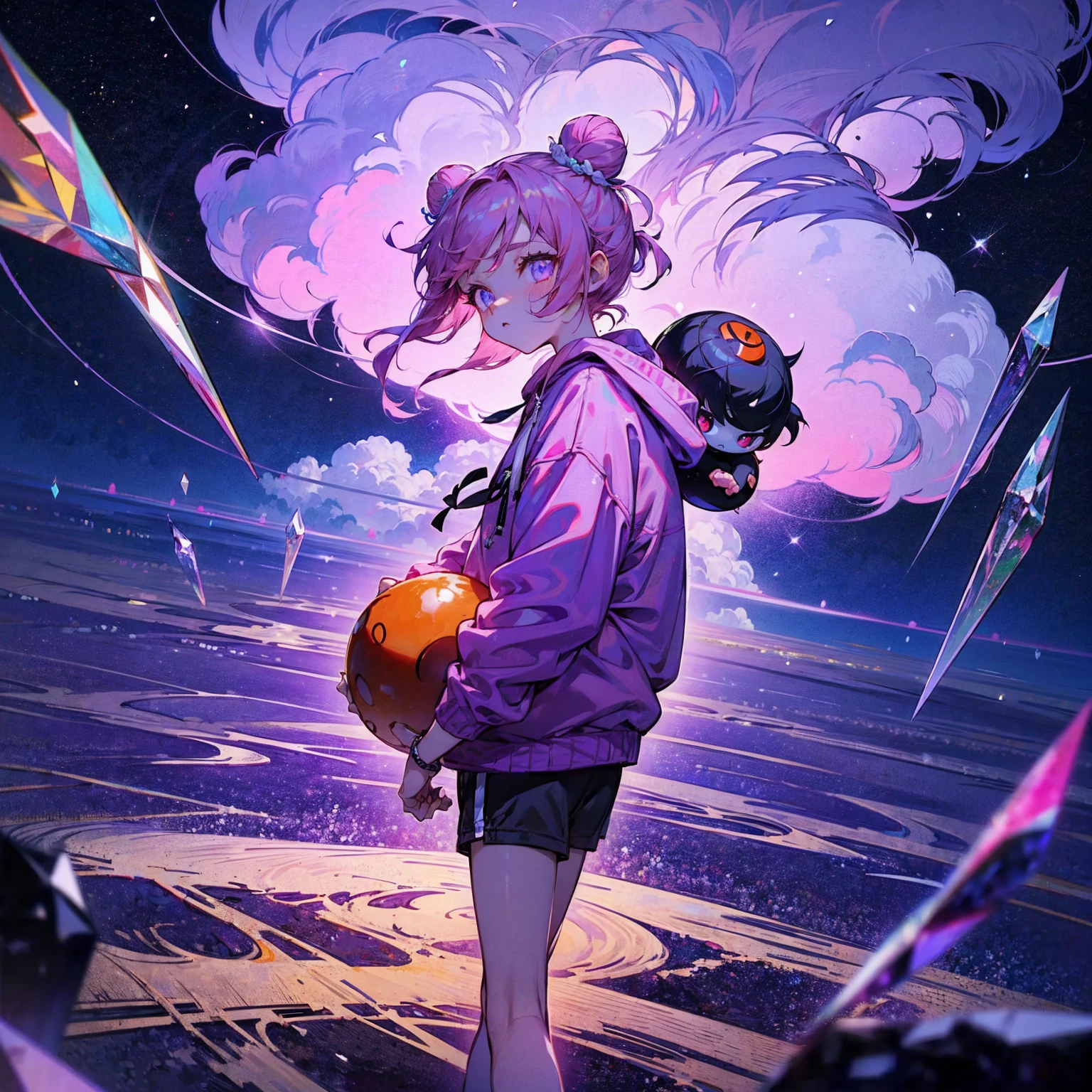 A pink haired girl with a Pucca bun is walking in the middle of the modern city at night, wearing a pink hoodie streetwear with detailed cloud patterns, possessing a pair of beautiful crystal-like detailed light purple eyes, the city lights dimly flickering in the night sky.