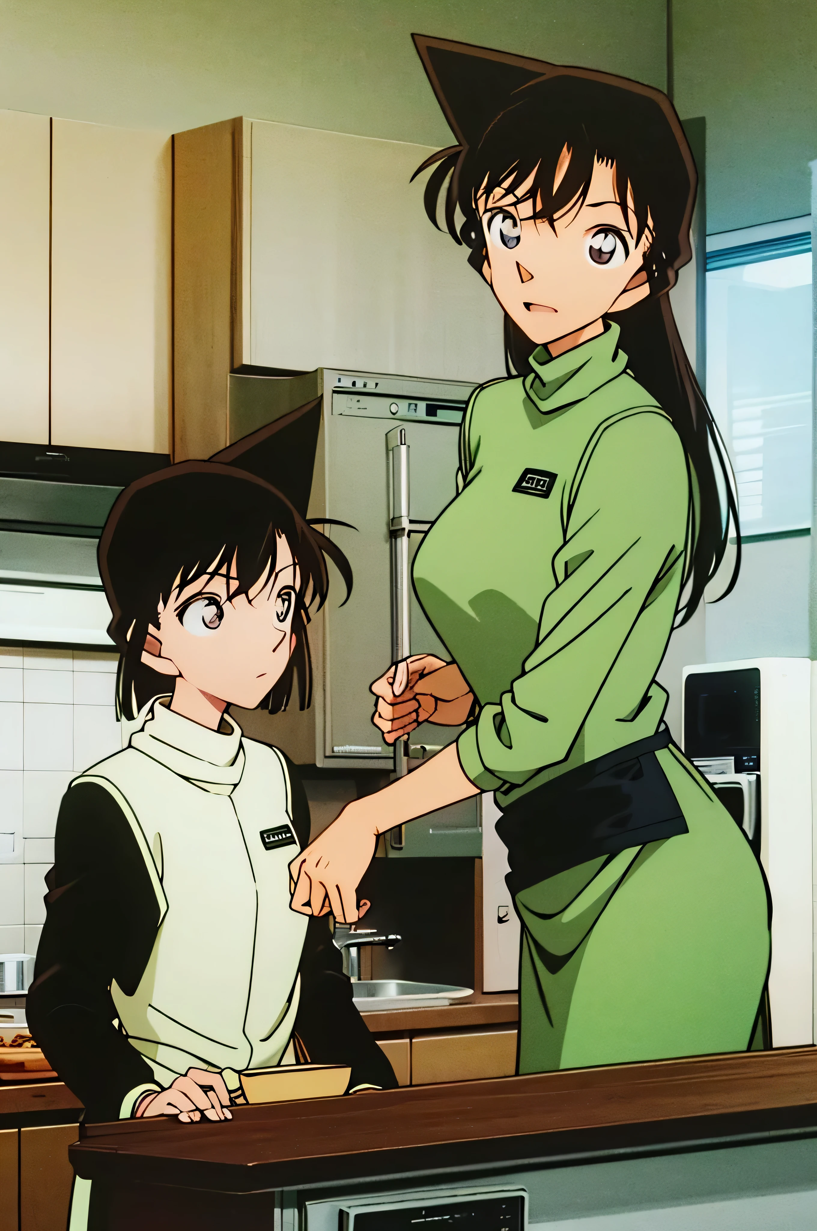 mouri ran,official style, adult, mini tight green dress turtleneck, simple, light green cropped short jacket, green socks, loafer, sink, kitchen, bringing upper body to the sink, open, leaning forward, emphasizing the buttock