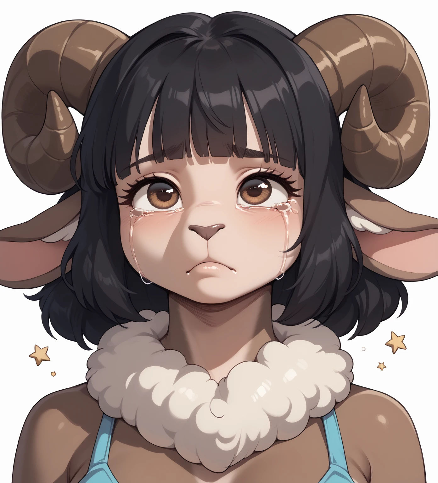 (solo) female anthro sheep furry, hair locs, locs, loc black hair, blunt bangs, full bangs, hair coving sides of face, fuzzy sheep furry, brown sheep skin, big dragon horns, large sized breasts, pale brown eyes, big lashes,  sheep ears, cute sheep nose, sad expression, sad look on face, tears, simple background, Looking at stars, looking up, High Resolution, crying 