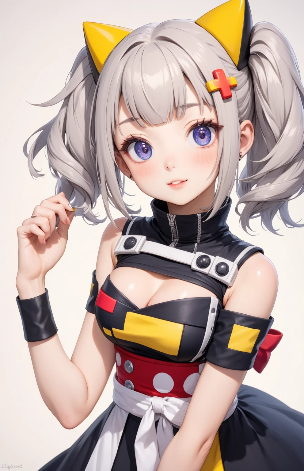 (masterpiece), best quality, (((ultra detailed, 8k quality))), expressive eyes, perfect face, perfect anatomy, perfect body, scene, <lora:scene_:0.7>, <lora:more_details:0.7>, <lora:beautiful_detailed_eyes:0.5>, <lora:GoodHands-beta2:0.7>, <lora:give_it_a_name:0.7>,1girl, solo, (masterpiece, best quality), outdoors,casino, blush, thighs, looking at viewer, cowboy shot, kayoko, red eyes, black hair, white hair, hair between eyes, multicolored hair, two-tone hair, black ponytail, ear piercing, demon horns, halo, horns, wings, low wings, single wing, two-tone hair, choker, pom pom (cheerleading), holding pom poms, skirt, pleated skirt, cheerleader, navel, bare shoulders, holding, midriff, miniskirt, crop top, criss cross, detached collar, smile, open mouth, cleavage, <lora:kayoko_scarxzys:1>,