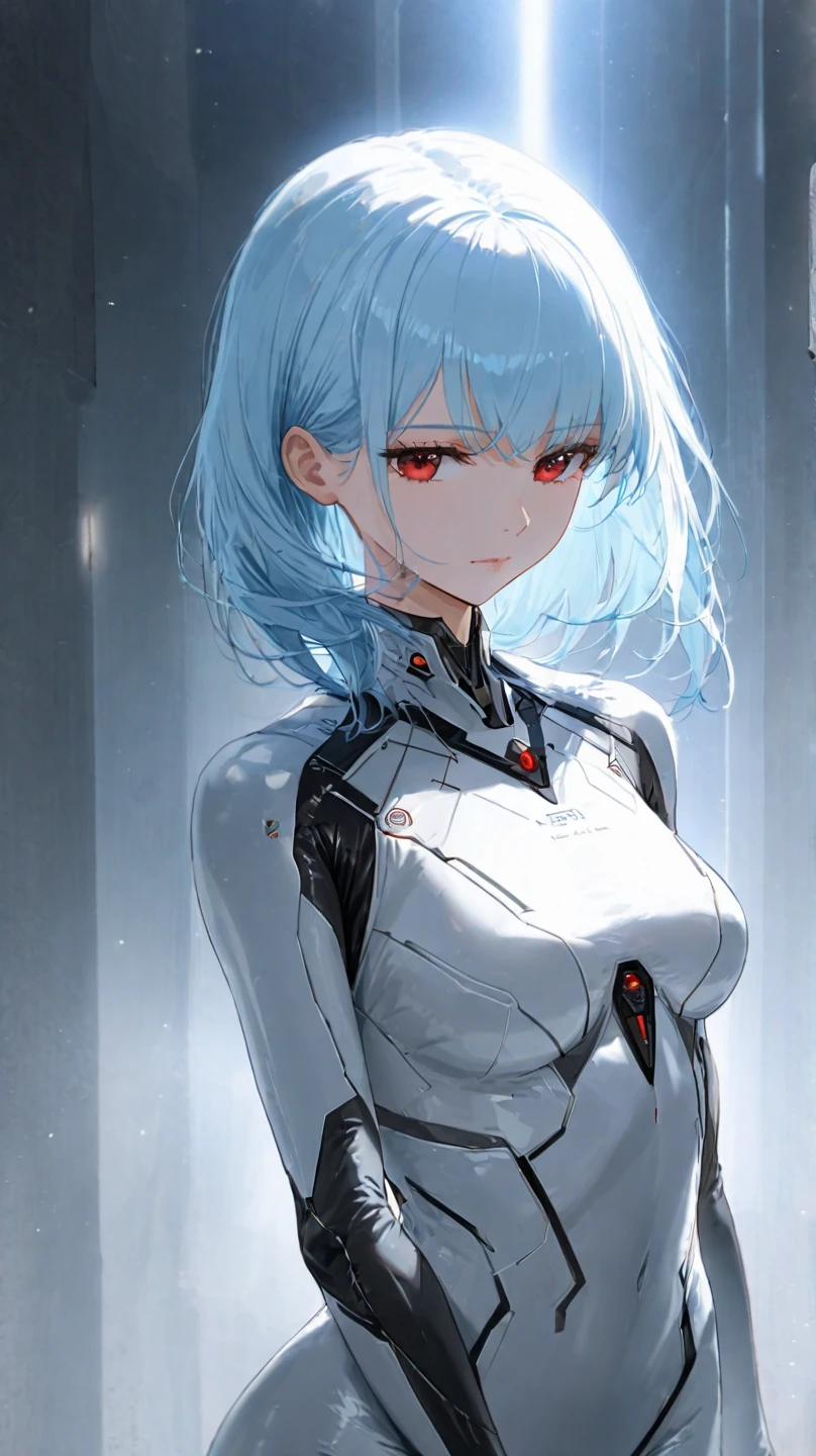 A serene young woman with short, light blue hair and red eyes, wearing a futuristic white and black bodysuit inspired by a sci-fi setting. She stands in a minimalist, ethereal background with subtle glowing light effects. Her expression is calm and introspective, and her pose conveys a sense of quiet strength. The setting has a blend of futuristic and melancholic aesthetics, emphasizing a clean, modern, and slightly otherworldly atmosphere.