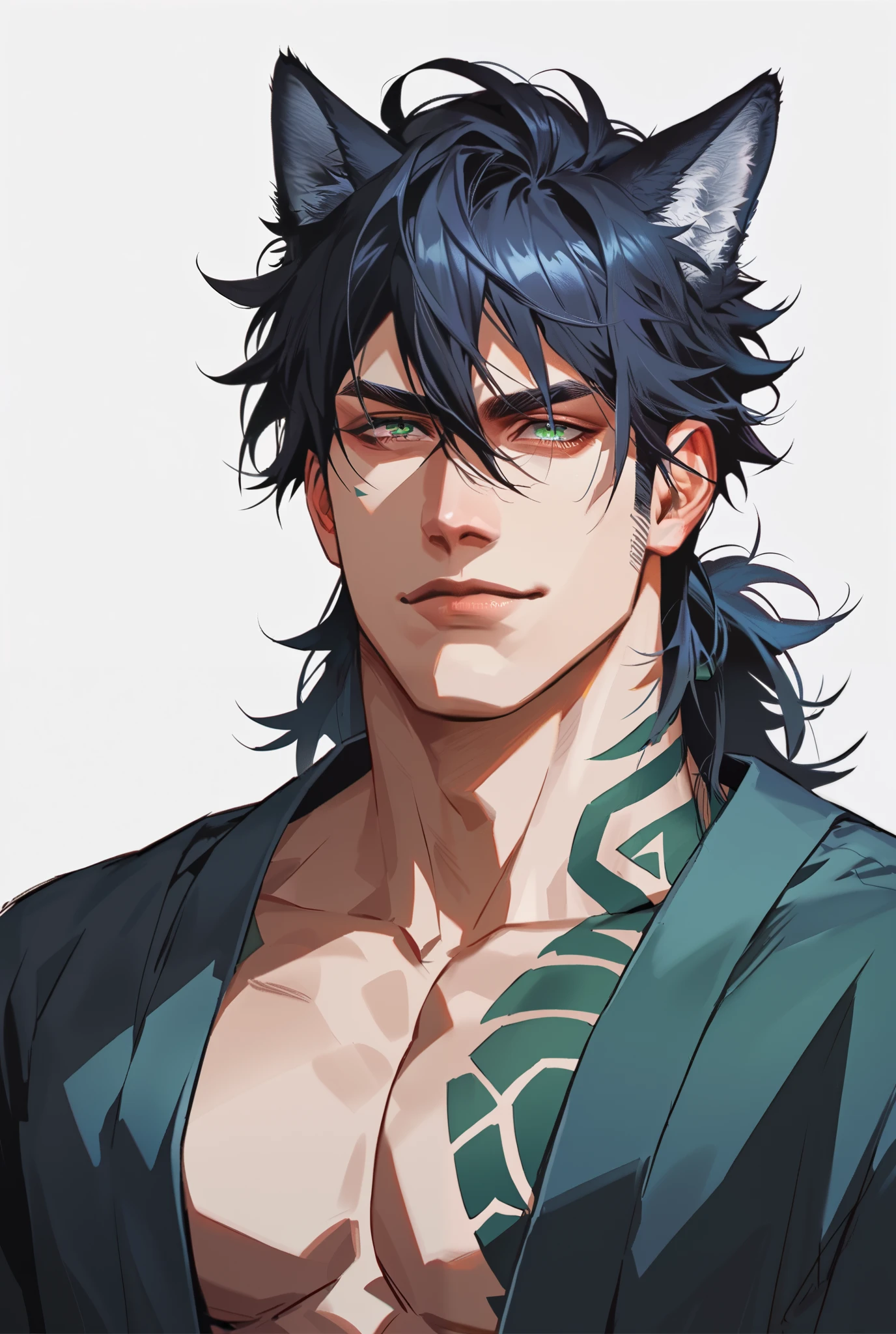 1boy, Solo, Short Hair, Hair Between Eyes, Messy Hair, Mullet, black hair, bright green eyes, wolf ears, wolf tail, bulky muscular body, big masculine pecs, modern clothes, smirk, keen eyes, long lashes, simple background, tribal tattoo all body