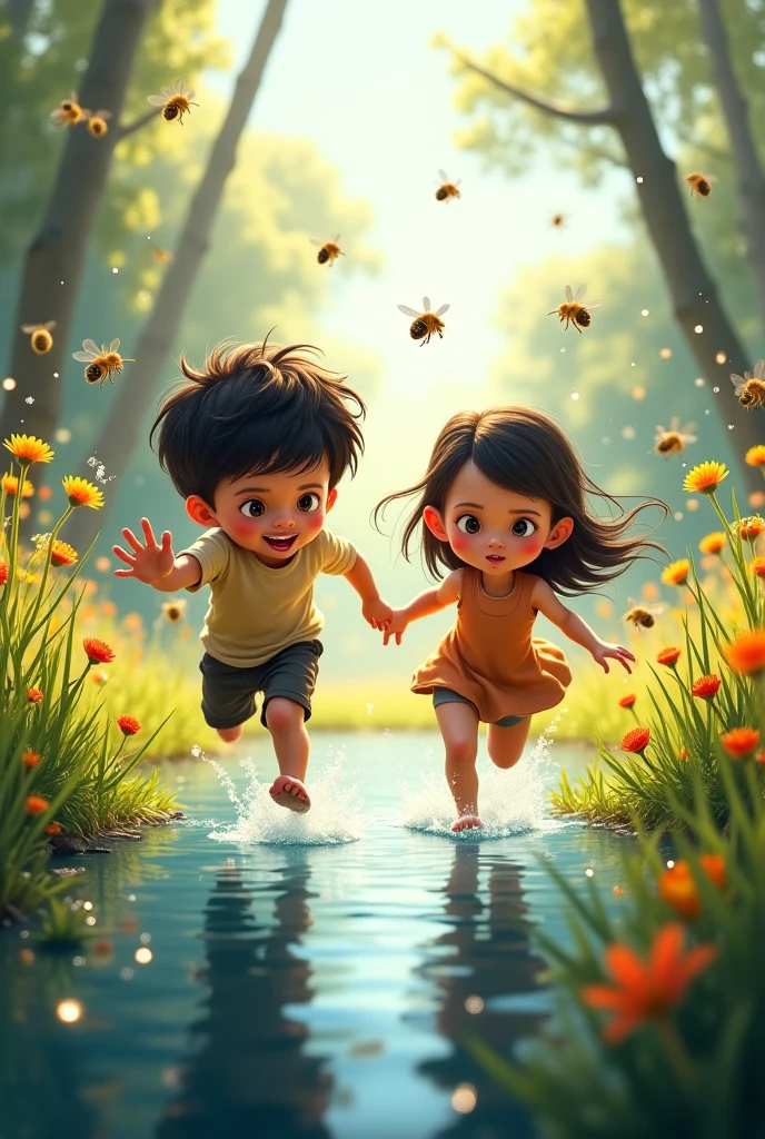 Boy with girl and bog