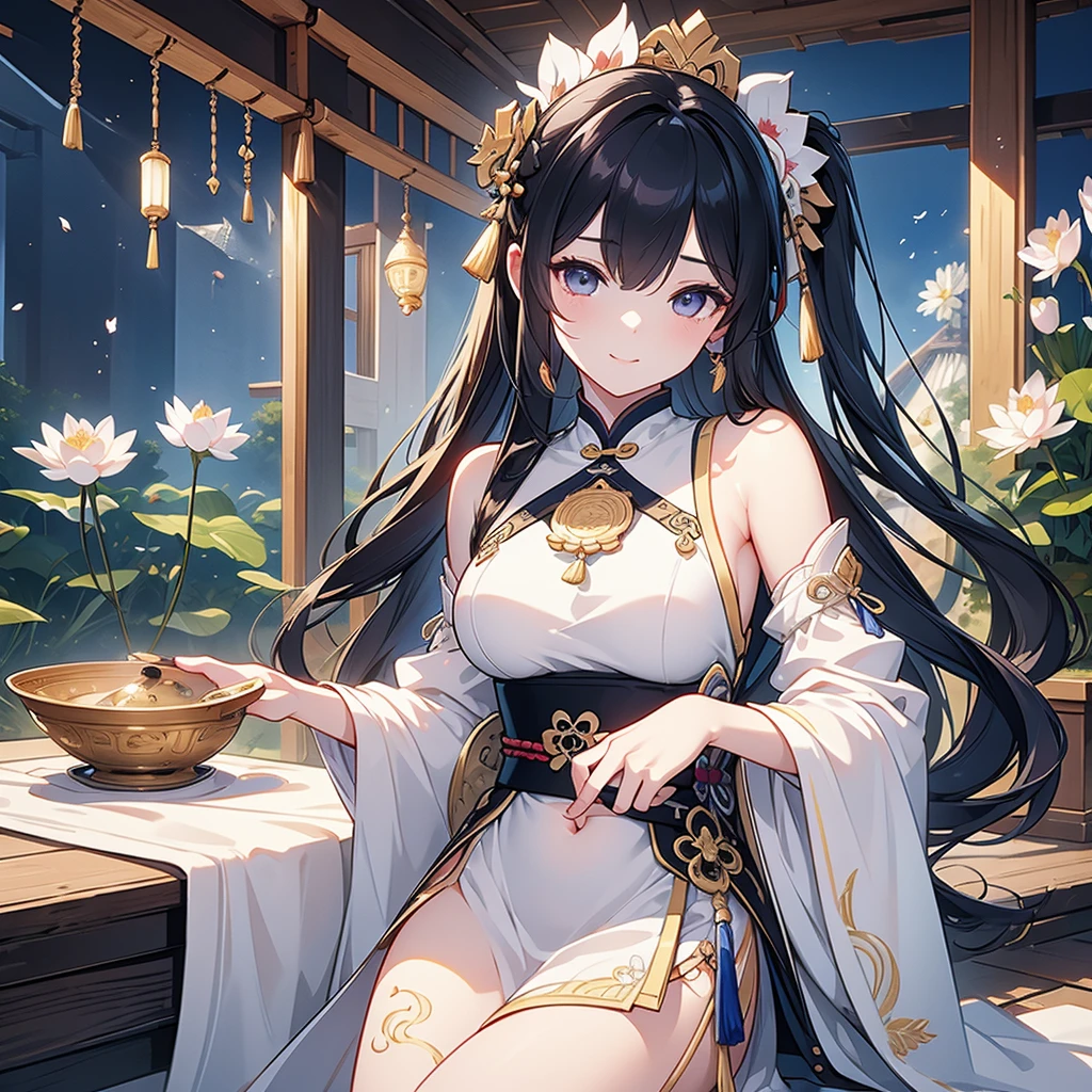 Best Quality, masterpiece,   ultra high resolution, (Realistic: 1.4), Xiuxian, smile, shy, belly button,  listening to music with headphones ,  Beautiful Jewelry, Horse face dress, Detailed aspect,, female 1 person,  Wore the white clothes of , Lotus flower pattern, Maple Leaf Pattern , Alone, arms, ( Magic Rim: 1.2), Xiuxian, 上Half Body, Beautiful woman, [Half Body,  East Asian architecture , sheath, construction, slit 、Belly button、( hyperrealistic ), ( illustration), ( high res), (8k), ( extremely detailed), (best  illustration), ( beautiful detailed eyes), ( top quality ), ( ULTRA DETAIL), (masterpiece), (  wallpaper), ( detailed face ),