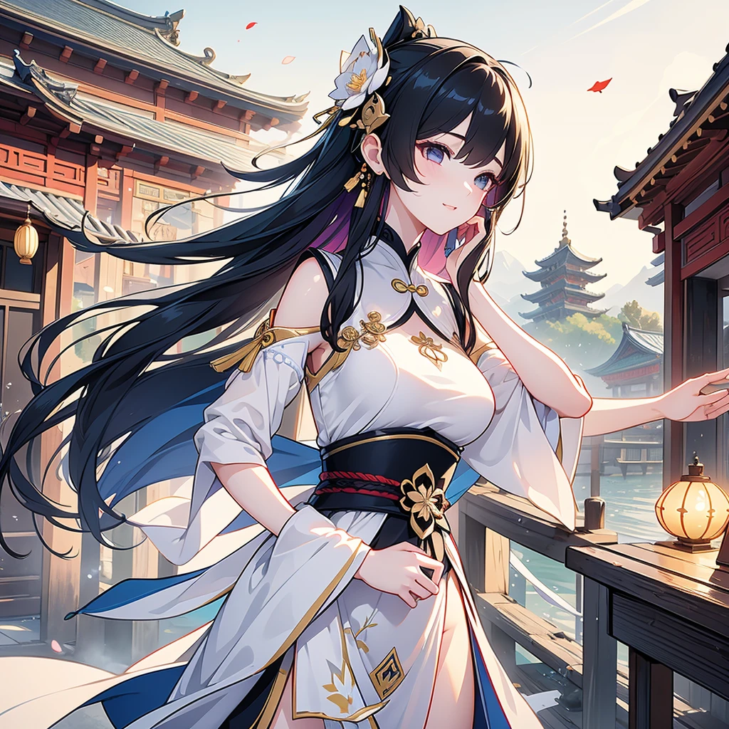 Best Quality, masterpiece,   ultra high resolution, (Realistic: 1.4), Xiuxian, smile, shy, belly button,  listening to music with headphones ,  Beautiful Jewelry, Horse face dress, Detailed aspect,, female 1 person,  Wore the white clothes of , Lotus flower pattern, Maple Leaf Pattern , Alone, arms, ( Magic Rim: 1.2), Xiuxian, 上Half Body, Beautiful woman, [Half Body,  East Asian architecture , sheath, construction, slit 、Belly button、( hyperrealistic ), ( illustration), ( high res), (8k), ( extremely detailed), (best  illustration), ( beautiful detailed eyes), ( top quality ), ( ULTRA DETAIL), (masterpiece), (  wallpaper), ( detailed face ),