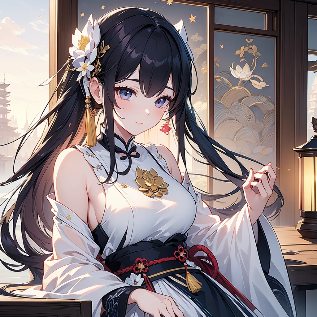 Best Quality, masterpiece,   ultra high resolution, (Realistic: 1.4), Xiuxian, smile, shy, belly button,  listening to music with headphones ,  Beautiful Jewelry, Horse face dress, Detailed aspect,, female 1 person,  Wore the white clothes of , Lotus flower pattern, Maple Leaf Pattern , Alone, arms, ( Magic Rim: 1.2), Xiuxian, 上Half Body, Beautiful woman, [Half Body,  East Asian architecture , sheath, construction, slit 、Belly button、( hyperrealistic ), ( illustration), ( high res), (8k), ( extremely detailed), (best  illustration), ( beautiful detailed eyes), ( top quality ), ( ULTRA DETAIL), (masterpiece), (  wallpaper), ( detailed face ),