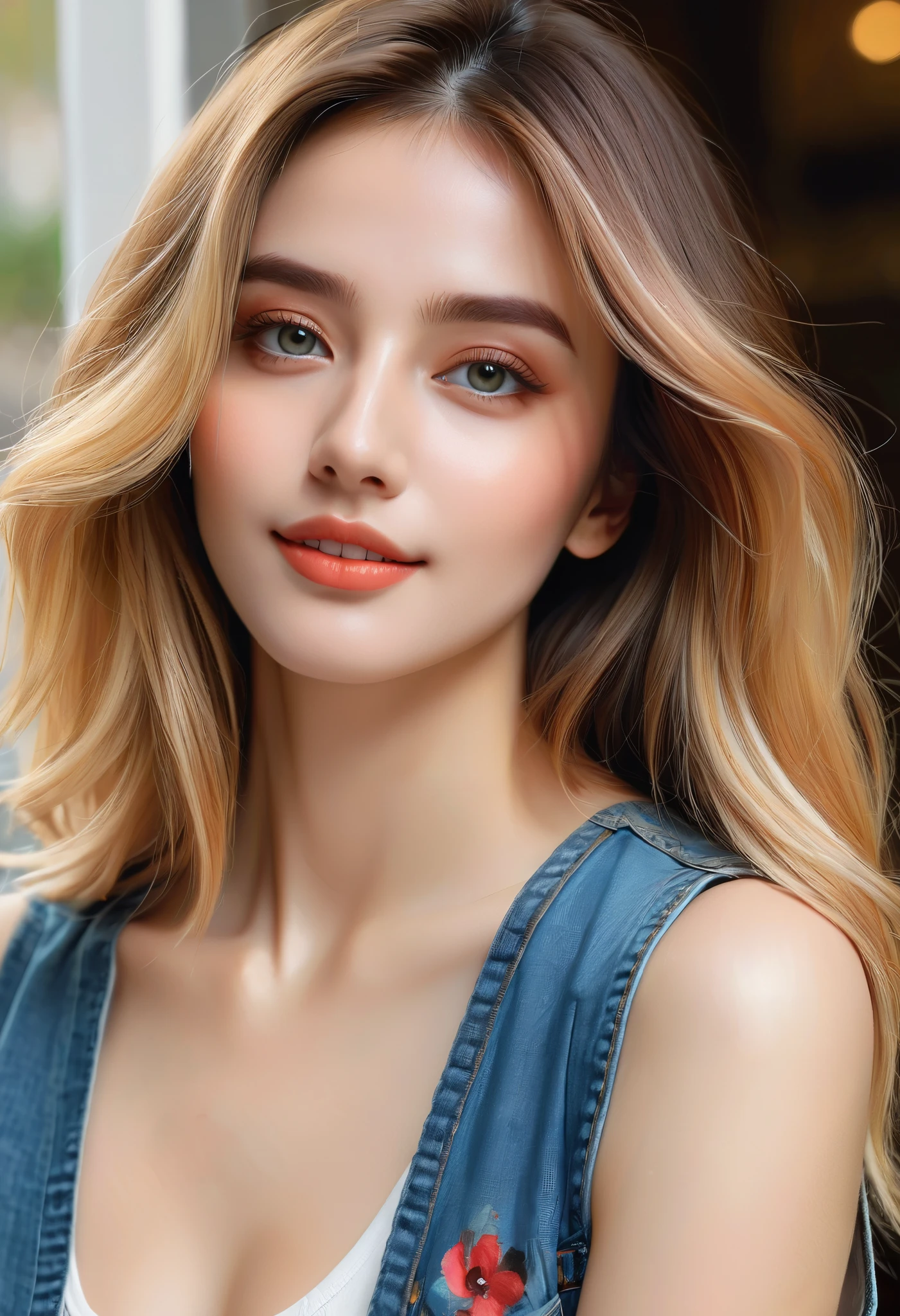 ( are of the best quality , watercolor, colorful , clearly focuses ), (whole body, From directly above, aerial view ), supermodel British beauty sketch . blond, (( Long hairstyle ):1.2), (Ultra- actual , photo actual ,photo- actual :1.37), night, a beautiful young girl showing a shy smile, blond hair , Vest, Wavy Hair , Her furry hair shoulder-length , The woman kneels gracefully on the floor , Her eyes look up . She exudes confidence and elegance , Every one of her looks has been carefully designed . The perfect makeup on her face - mascara, Eyeliner, and eye-catching eyeshadow , highlights her charming eyes . Long, Fluttering lashes add a touch of charm . Bright Eyes , huge body , ( are of the best quality ,4K,8K, high resolution on the bench , masterpiece:1.2),very good,( actual ,photo actual ,photo- actual :1.37),HDR, Ultra HD, studio lighting , an ultra-detailed painting , clearly focuses , Physically Based Rendering , Extremely detailed description , major , bright colors ,Bokeh,portrait,photography