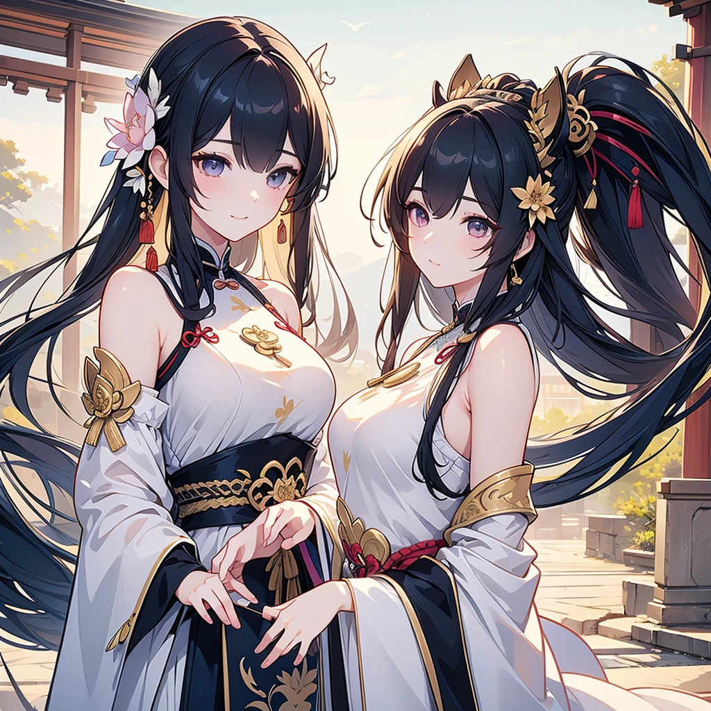 Best Quality, masterpiece,   ultra high resolution, (Realistic: 1.4), Xiuxian, smile, shy, belly button,  listening to music with headphones ,  Beautiful Jewelry, Horse face dress, Detailed aspect,, female 1 person,  Wore the white clothes of , Lotus flower pattern, Maple Leaf Pattern , Alone, arms, ( Magic Rim: 1.2), Xiuxian, 上Half Body, Beautiful woman, [Half Body,  East Asian architecture , sheath, construction, slit 、Belly button、( hyperrealistic ), ( illustration), ( high res), (8k), ( extremely detailed), (best  illustration), ( beautiful detailed eyes), ( top quality ), ( ULTRA DETAIL), (masterpiece), (  wallpaper), ( detailed face ),