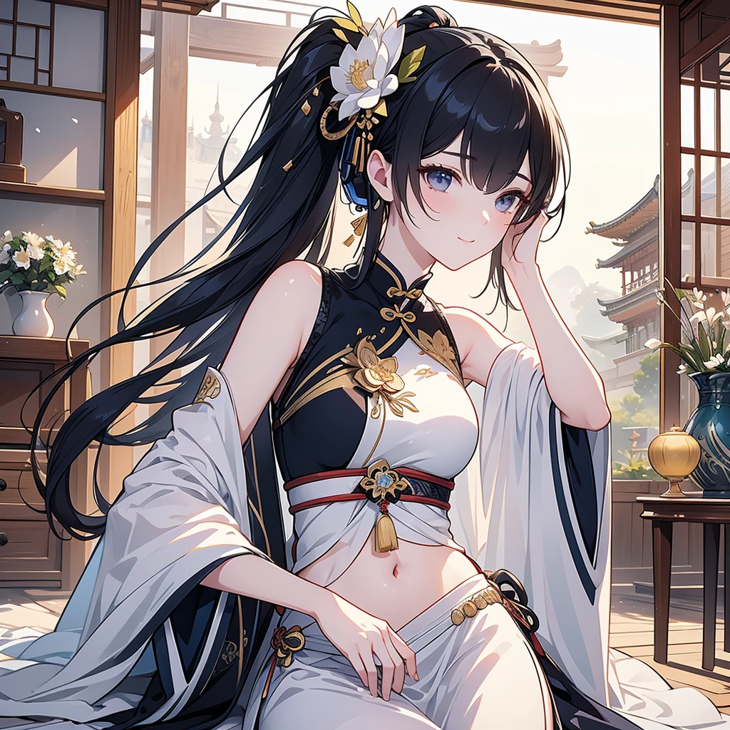 Best Quality, masterpiece,   ultra high resolution, (Realistic: 1.4), Xiuxian, smile, shy, belly button,  listening to music with headphones ,  Beautiful Jewelry, Horse face dress, Detailed aspect,, female 1 person,  Wore the white clothes of , Lotus flower pattern, Maple Leaf Pattern , Alone, arms, ( Magic Rim: 1.2), Xiuxian, 上Half Body, Beautiful woman, [Half Body,  East Asian architecture , sheath, construction, slit 、Belly button、( hyperrealistic ), ( illustration), ( high res), (8k), ( extremely detailed), (best  illustration), ( beautiful detailed eyes), ( top quality ), ( ULTRA DETAIL), (masterpiece), (  wallpaper), ( detailed face ),