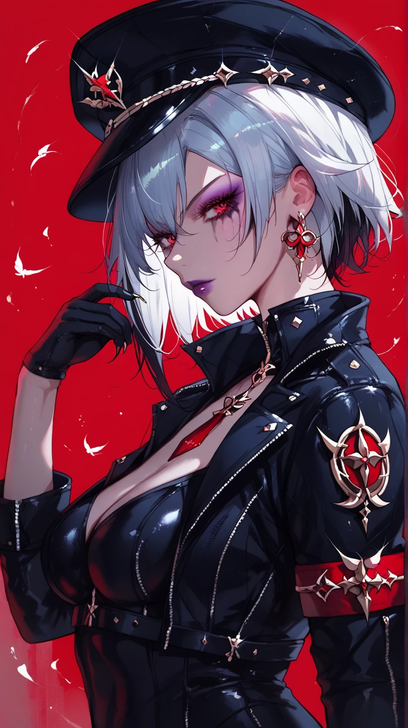 (score_9, score_8_up, score_7_up, )
(side view,) Dutch angle,
 1girl, solo, hat, red_eyes, gloves, red_background, earrings, white_hair, breasts, jewelry, looking_at_viewer, black_gloves, military_hat, peaked_cap, bodysuit, short_hair, latex, jacket, black_headwear, shiny_clothes, black_bodysuit, armband,dark forest,red background,evil
arlecchino genshin impact, white hair, multicoloured hair,
,dark purple lips, dark makeup,good makeup, beautiful makeup,(black hands 5fingers and forearms with claws:1.1)